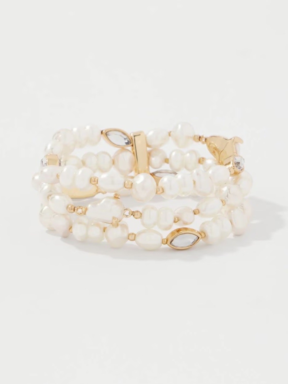 WHBM Glass Pearl 3 Strand Stretch Bracelet Gold Tone NWT